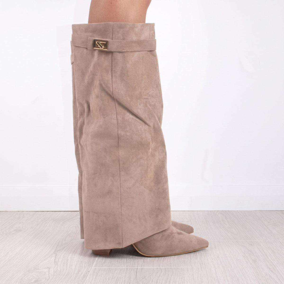 Daisy - Women's Fold-Over Knee-High Boots with Pointed Toe - Boots - Beige - Davies & Cooper