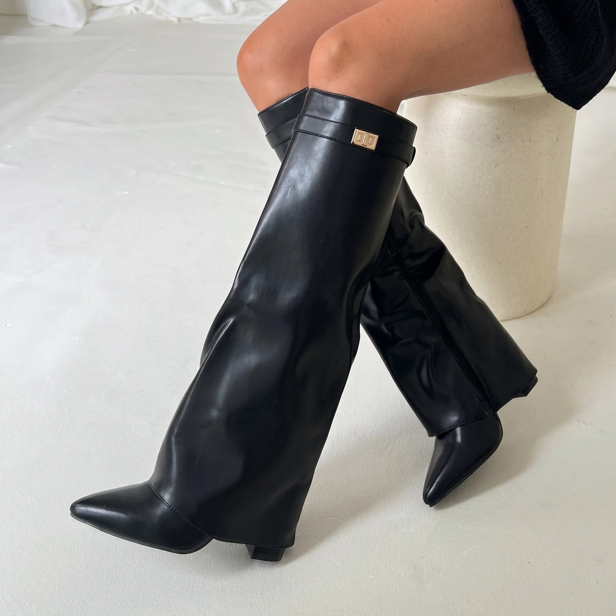 Daisy - Women's Fold-Over Knee-High Boots with Pointed Toe - Boots - Glossy Black - Davies & Cooper