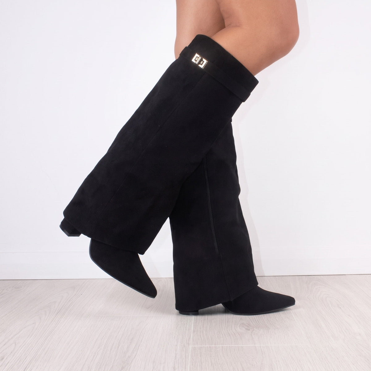 Daisy - Women's Fold-Over Knee-High Boots with Pointed Toe - Boots - Black - Davies & Cooper
