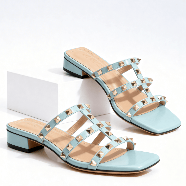 Daisy - Women's Low Block Heel Multi - Strap Studded Sandals - Sandals - Blue - Davies & Cooper