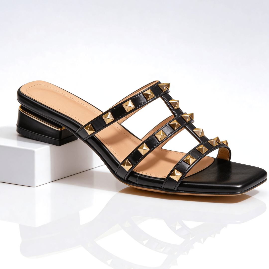 Daisy - Women's Low Block Heel Multi - Strap Studded Sandals - Sandals - Black - Davies & Cooper