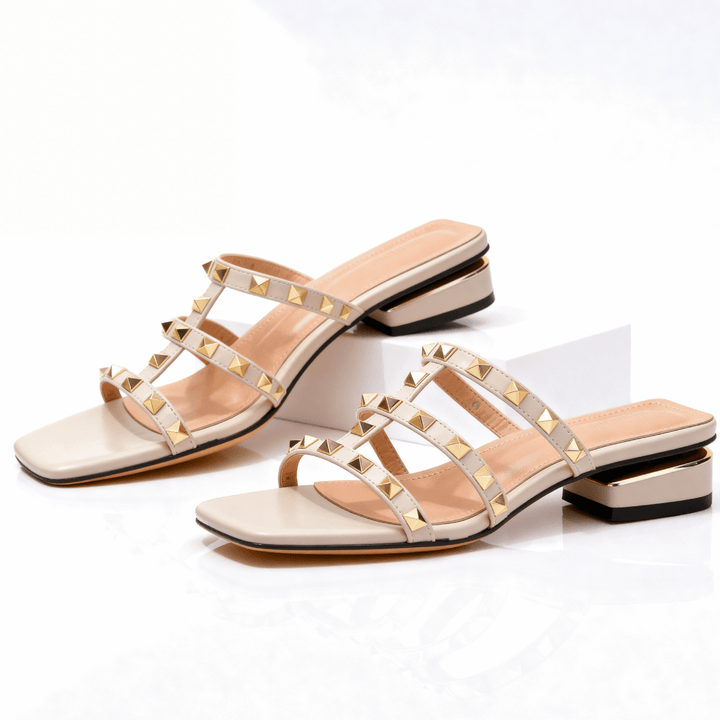Daisy - Women's Low Block Heel Multi - Strap Studded Sandals - Sandals - Cream - Davies & Cooper