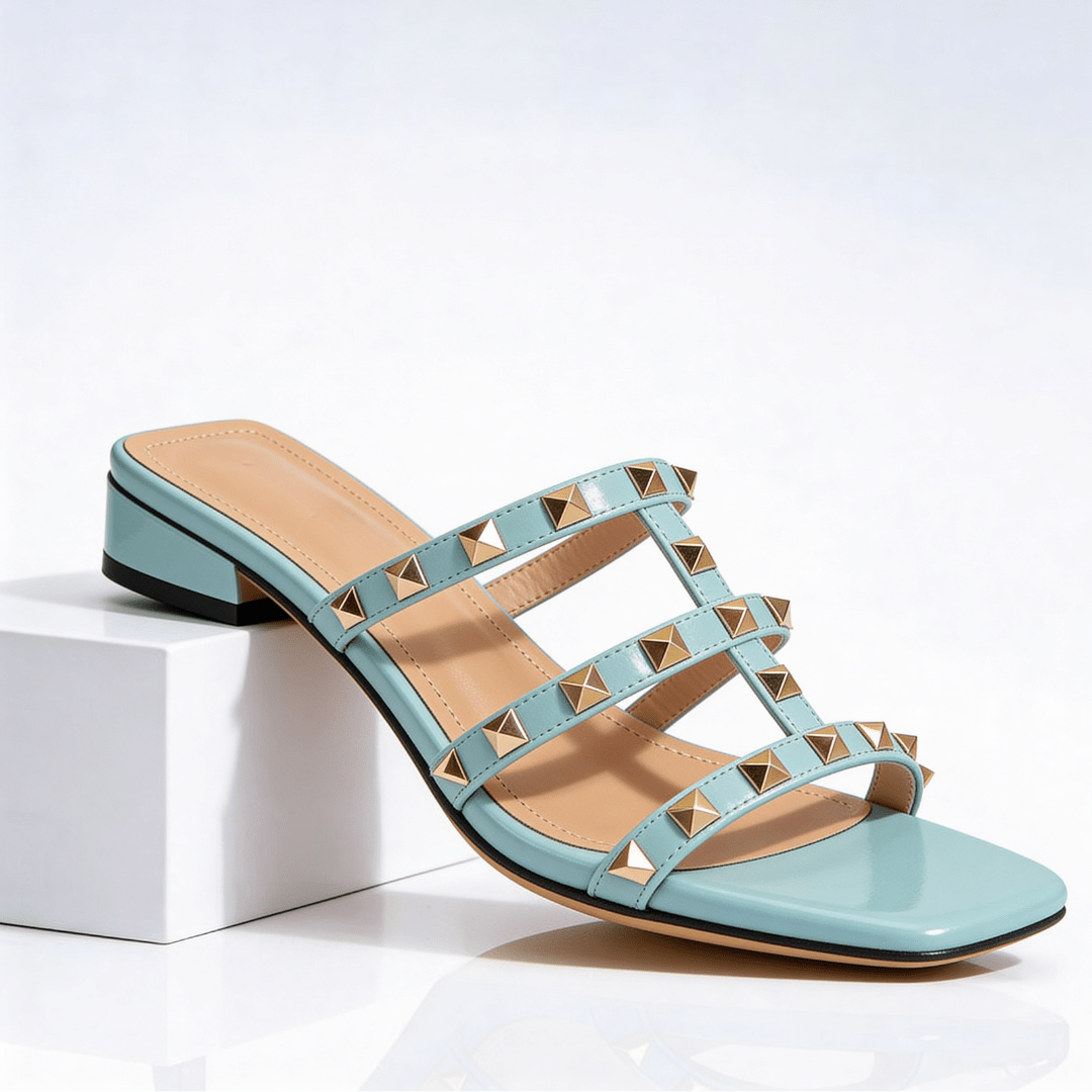Daisy - Women's Low Block Heel Multi - Strap Studded Sandals - Sandals - Blue - Davies & Cooper