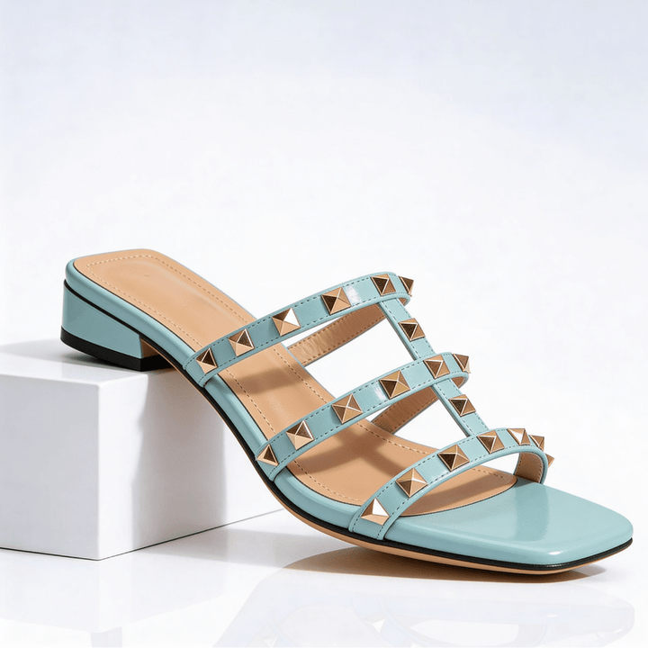 Daisy - Women's Low Block Heel Multi - Strap Studded Sandals - Sandals - Blue - Davies & Cooper