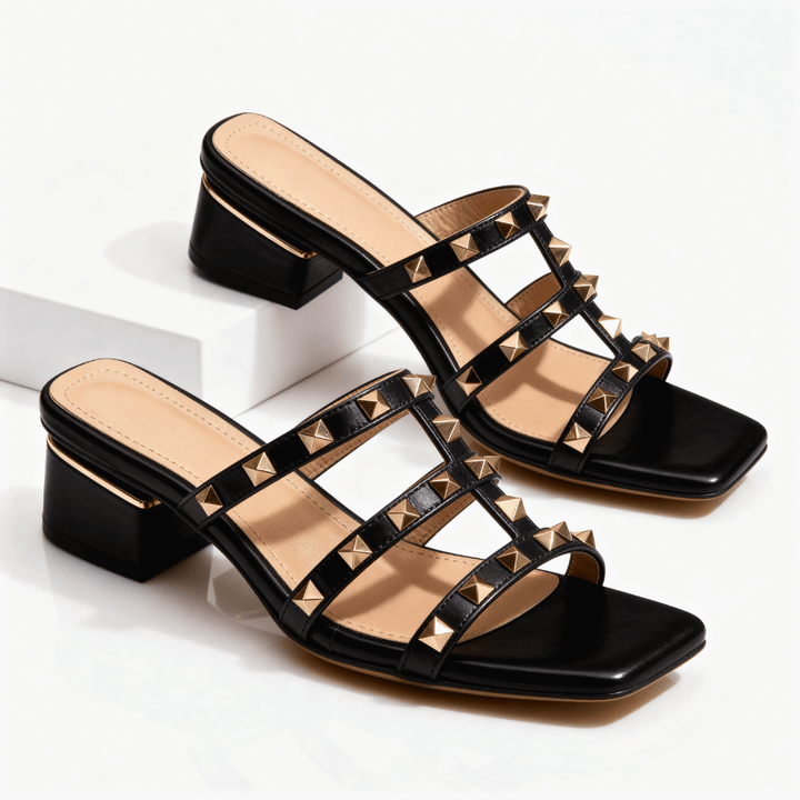 Daisy - Women's Low Block Heel Multi - Strap Studded Sandals - Sandals - Black - Davies & Cooper