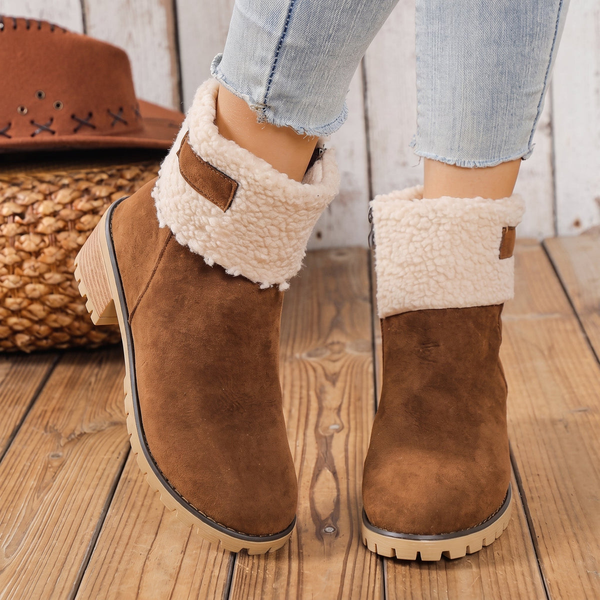 Daisy - Women's Orthopaedic Block Heel Ankle Boots with Sherpa Cuff - Boots - Brown - Davies & Cooper