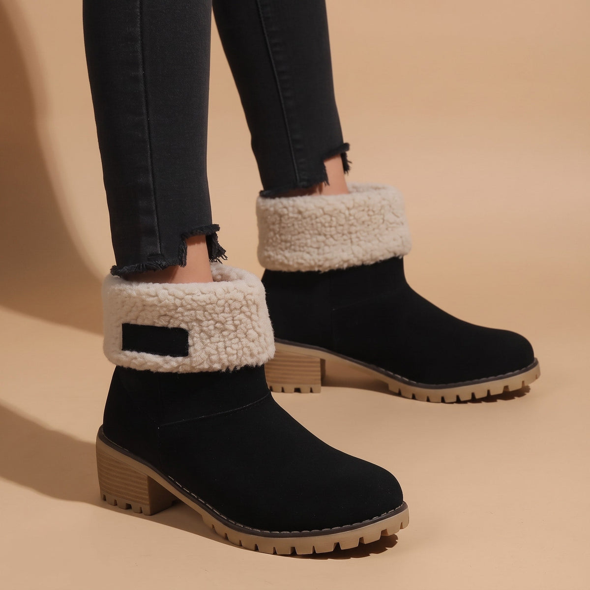 Daisy - Women's Orthopaedic Block Heel Ankle Boots with Sherpa Cuff - Boots - Black - Davies & Cooper