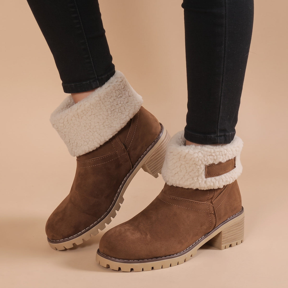 Daisy - Women's Orthopaedic Block Heel Ankle Boots with Sherpa Cuff - Boots - Brown - Davies & Cooper