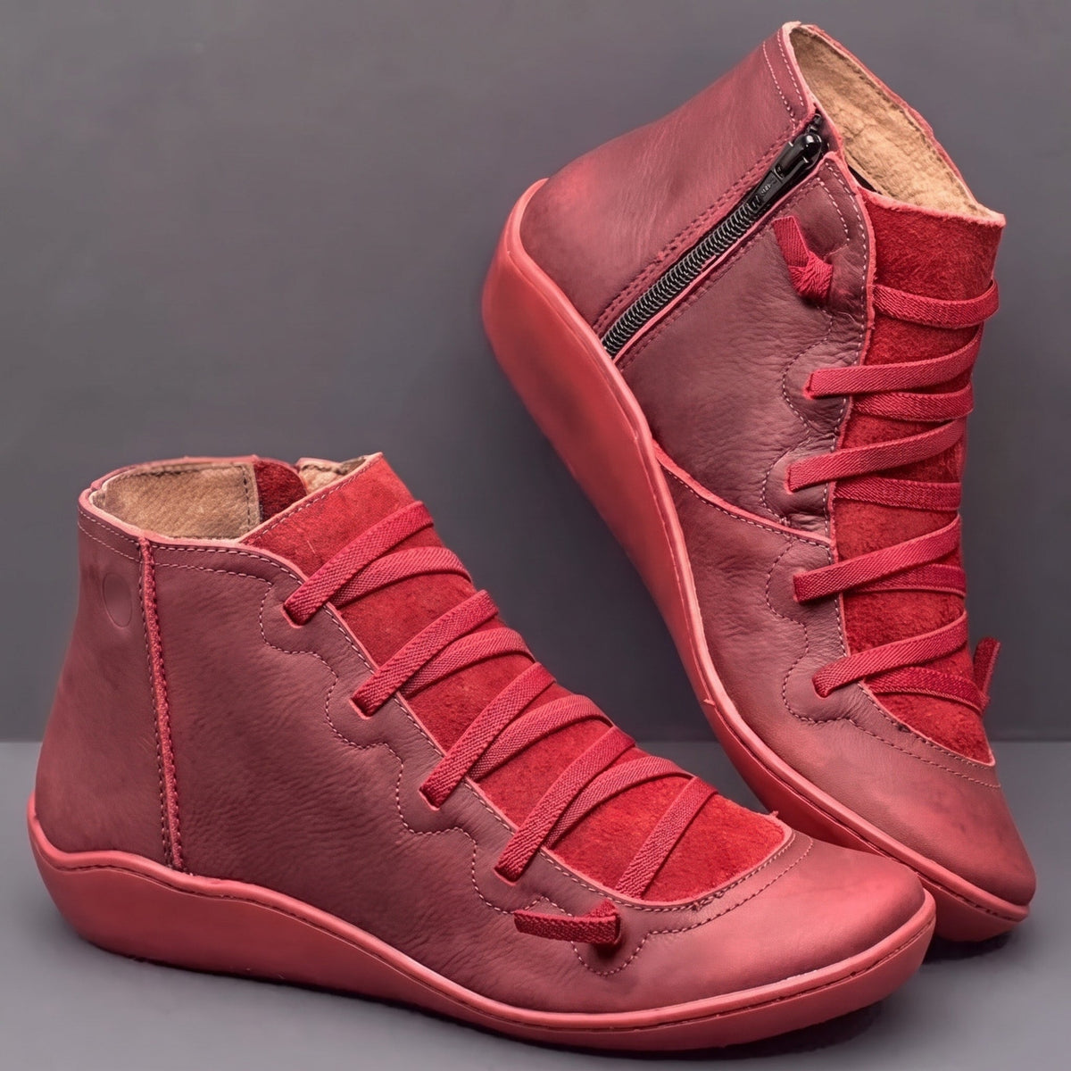 Daisy - Women's Orthopaedic Lace-Up Ankle Boots with Zip Closure - Boots - Red - Davies & Cooper
