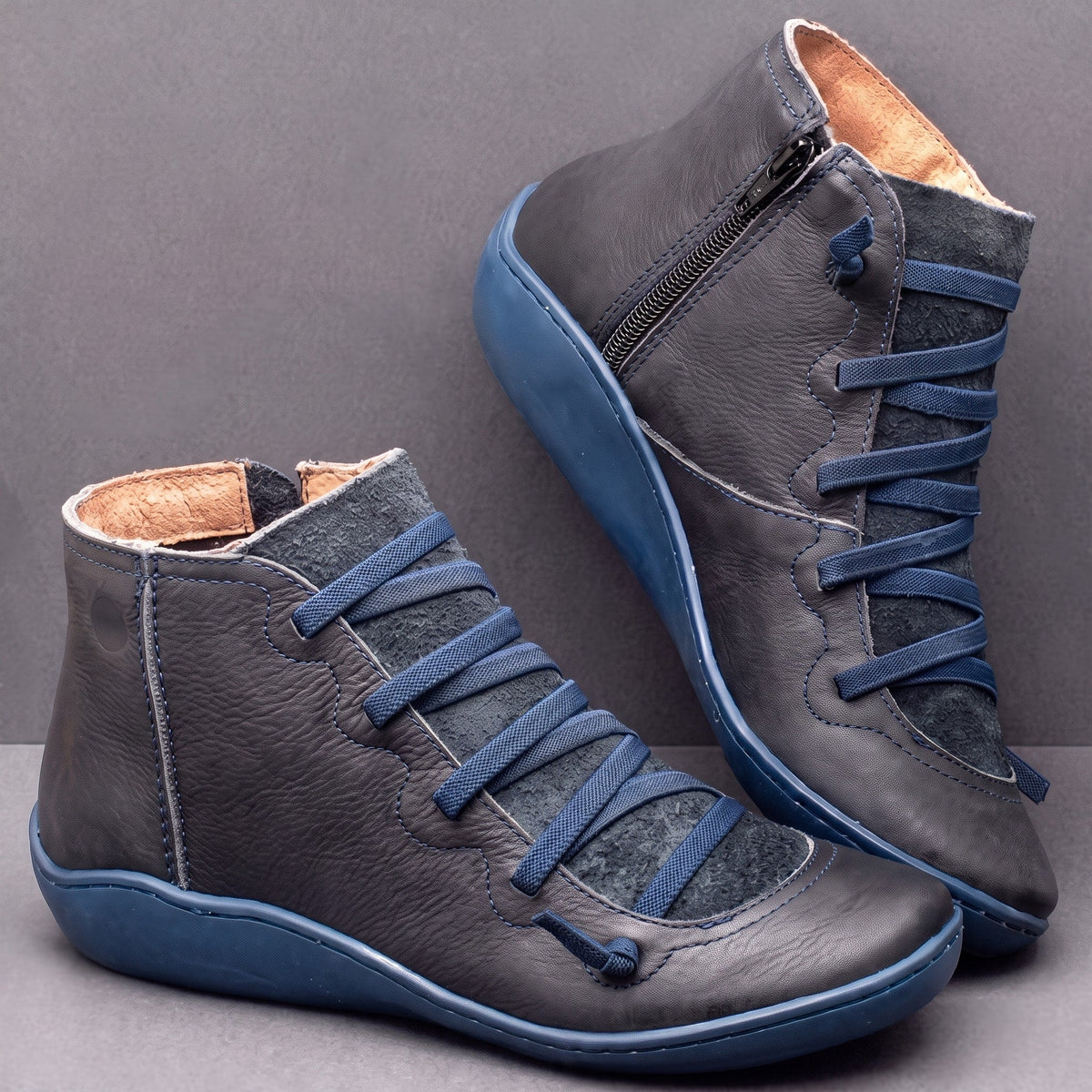 Daisy - Women's Orthopaedic Lace-Up Ankle Boots with Zip Closure - Boots - Blue - Davies & Cooper