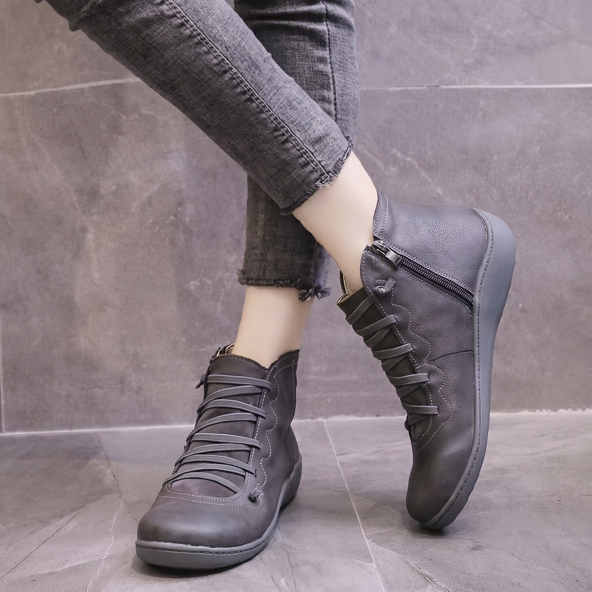 Daisy - Women's Orthopaedic Lace-Up Ankle Boots with Zip Closure - Boots - Grey - Davies & Cooper