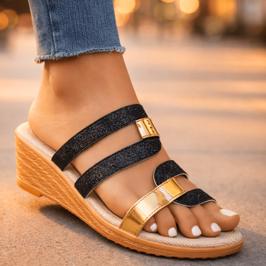 Daisy - Women's Orthopaedic Multi - Strap Wedge Sandals with Gold Detail - Sandals - Black - Davies & Cooper