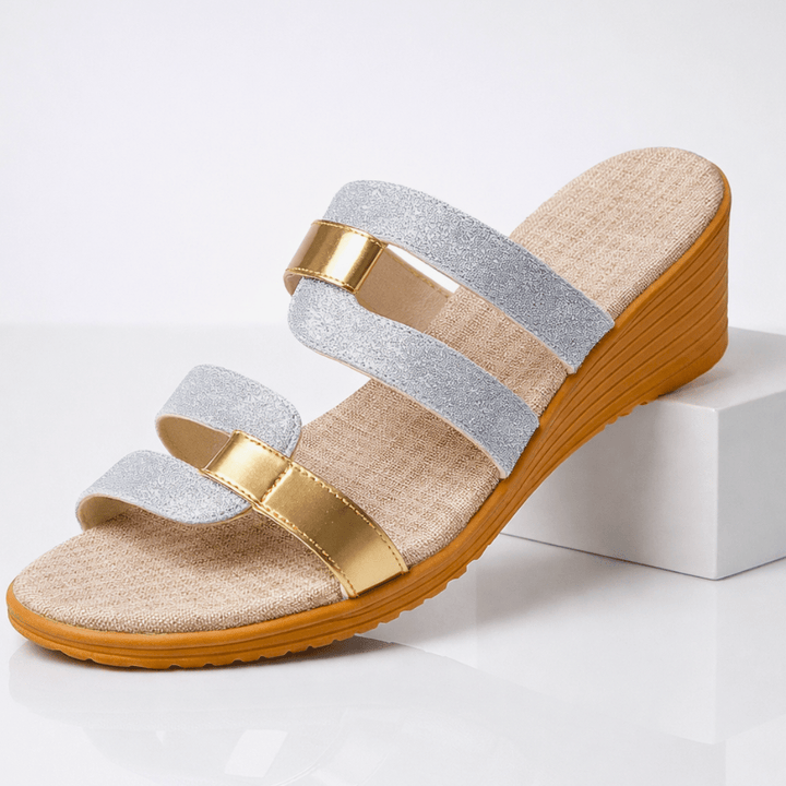 Daisy - Women's Orthopaedic Multi - Strap Wedge Sandals with Gold Detail - Sandals - Silver - Davies & Cooper