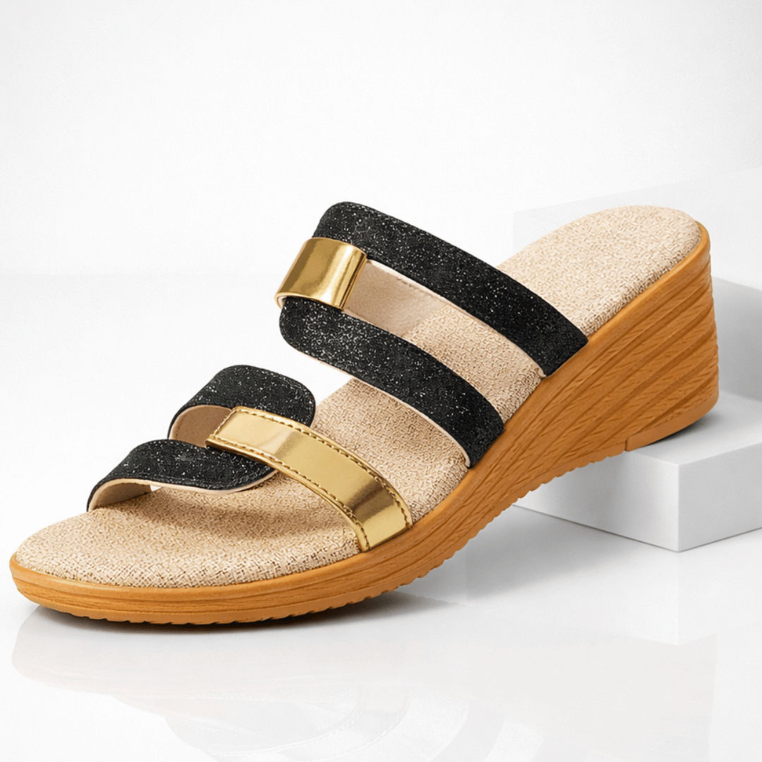 Daisy - Women's Orthopaedic Multi - Strap Wedge Sandals with Gold Detail - Sandals - Black - Davies & Cooper