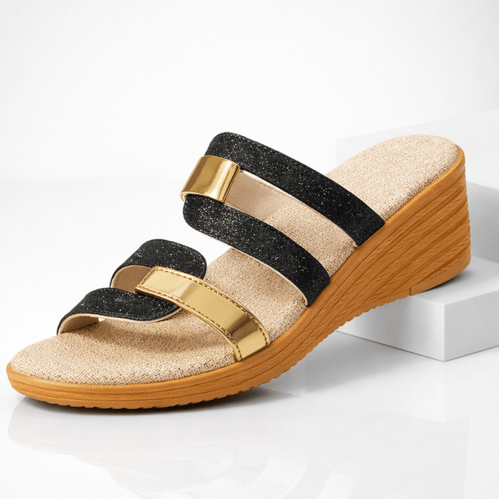 Daisy - Women's Orthopaedic Multi - Strap Wedge Sandals with Gold Detail - Sandals - Black - Davies & Cooper
