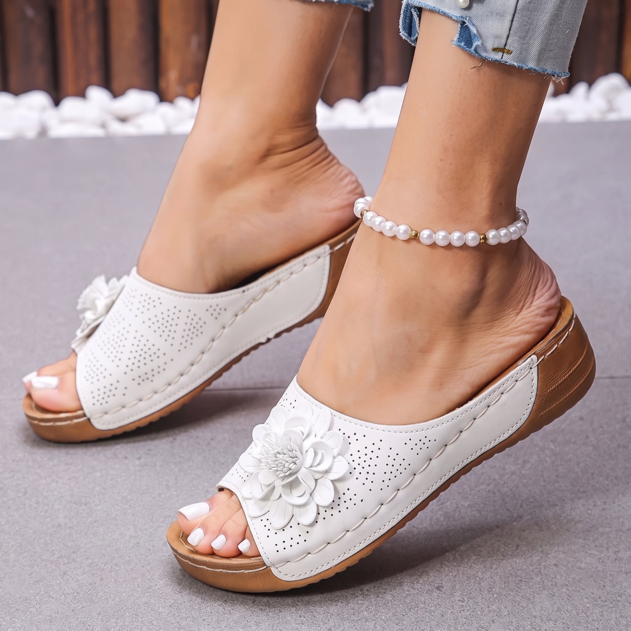 Daisy - Women's Orthopaedic Wedge Mules with Floral Detail - Sandals - White - Davies & Cooper