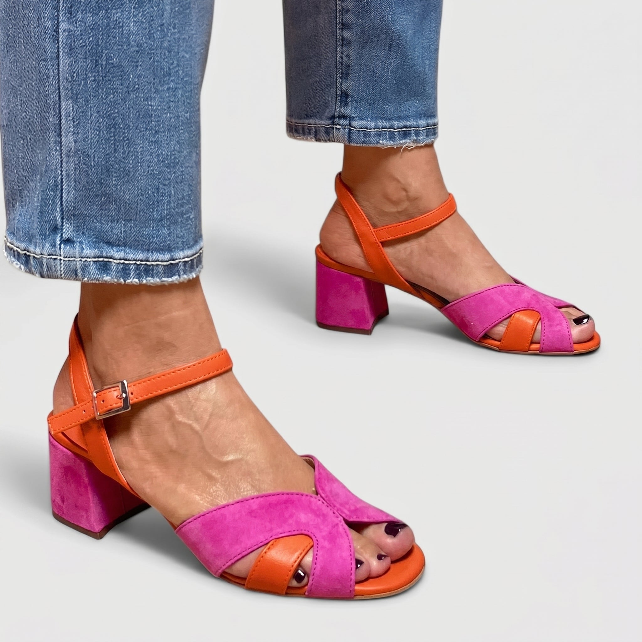 Daisy - Women's Peep Toe Block Heel Sandals with Ankle Strap - Sandals - Pink - Davies & Cooper