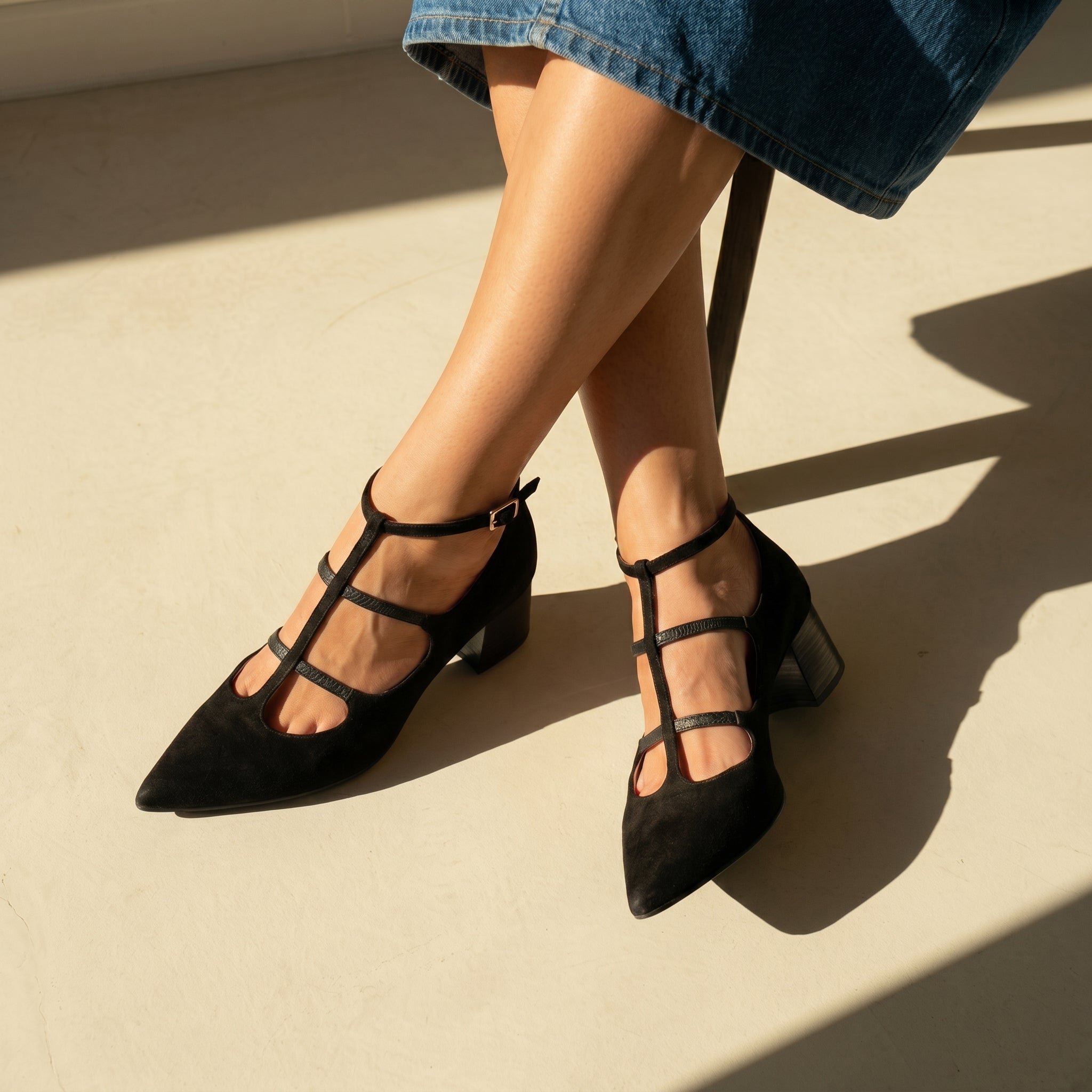Daisy - Women's Pointed Toe Multi - Strap Kitten Heel Pumps - Heels - Black - Davies & Cooper