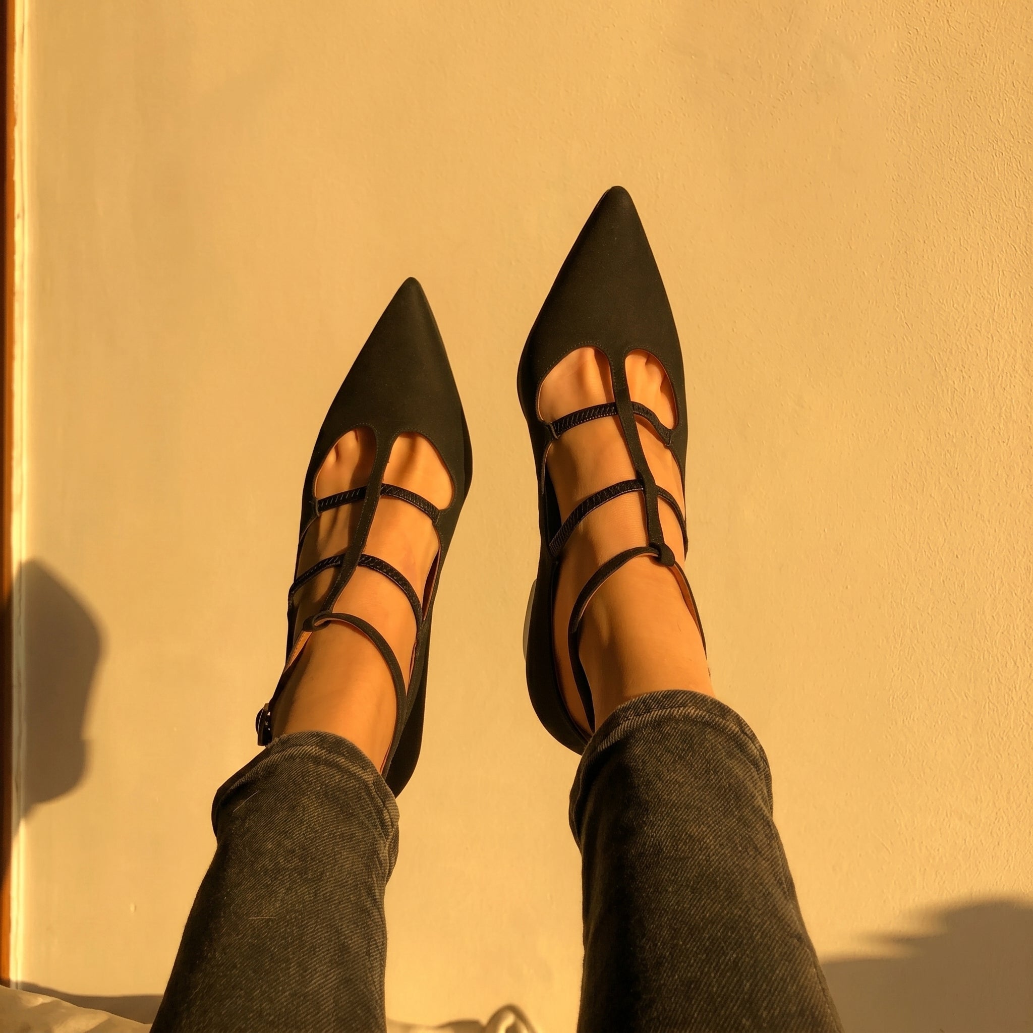 Daisy - Women's Pointed Toe Multi - Strap Kitten Heel Pumps - Heels - Black - Davies & Cooper