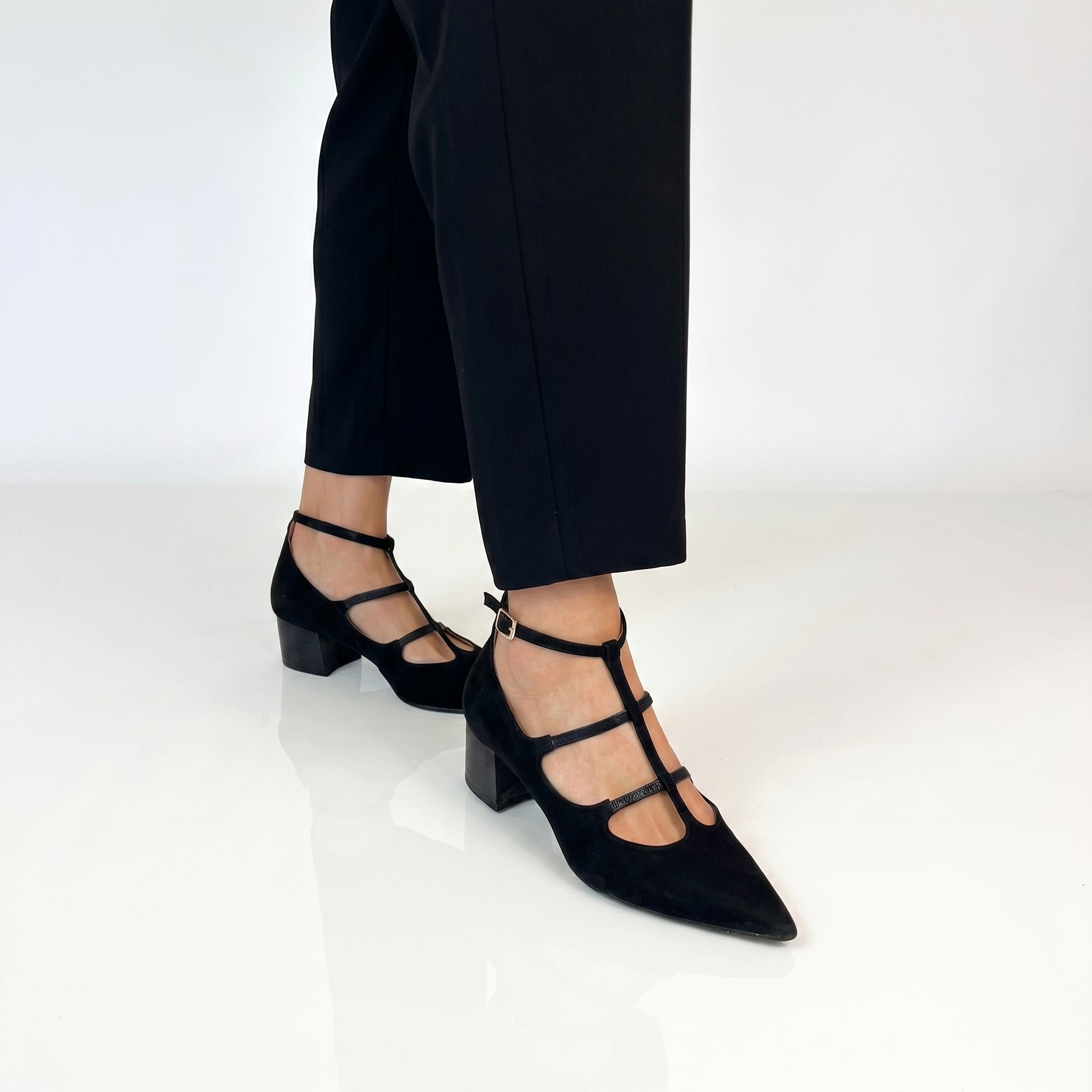 Daisy - Women's Pointed Toe Multi - Strap Kitten Heel Pumps - Heels - Black - Davies & Cooper