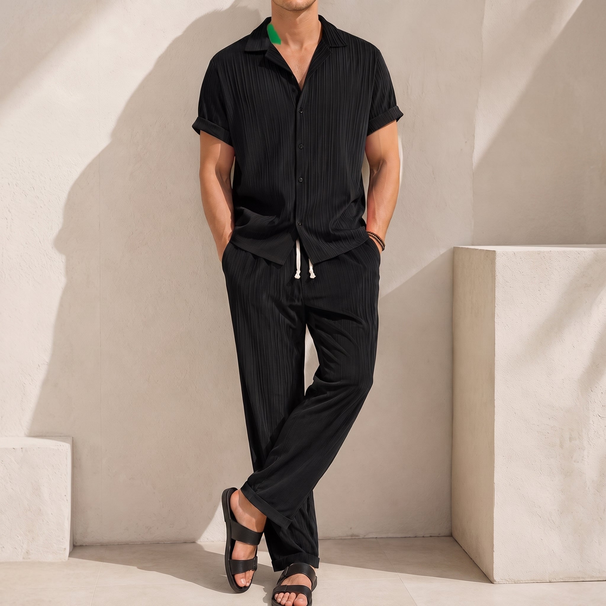Daniel - Men's Summer Camp Collar Textured Co-ord Set - Outfit Sets - Black - Davies & Cooper