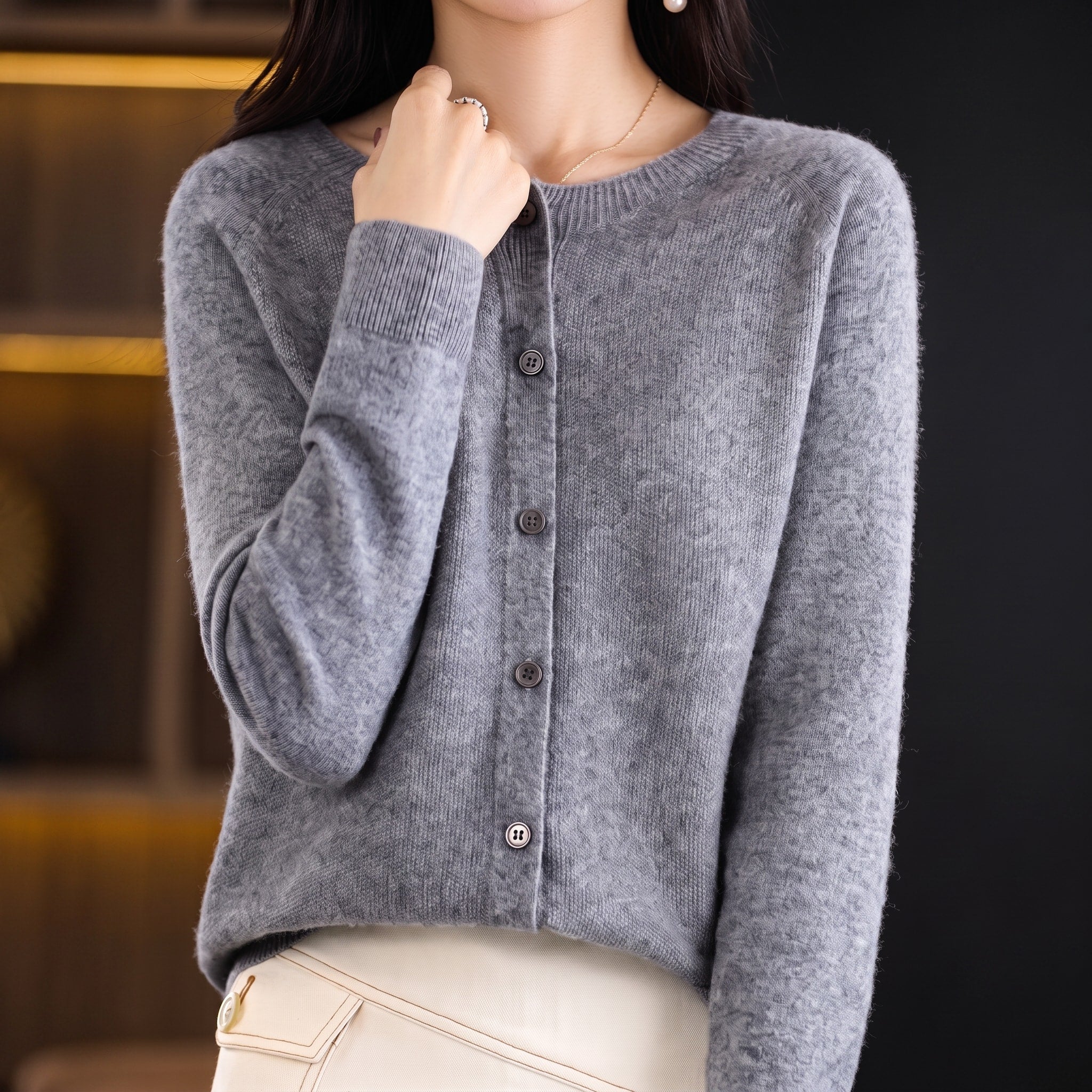 Sophie - Women's Button-Front Knit Cardigan with Crew Neck