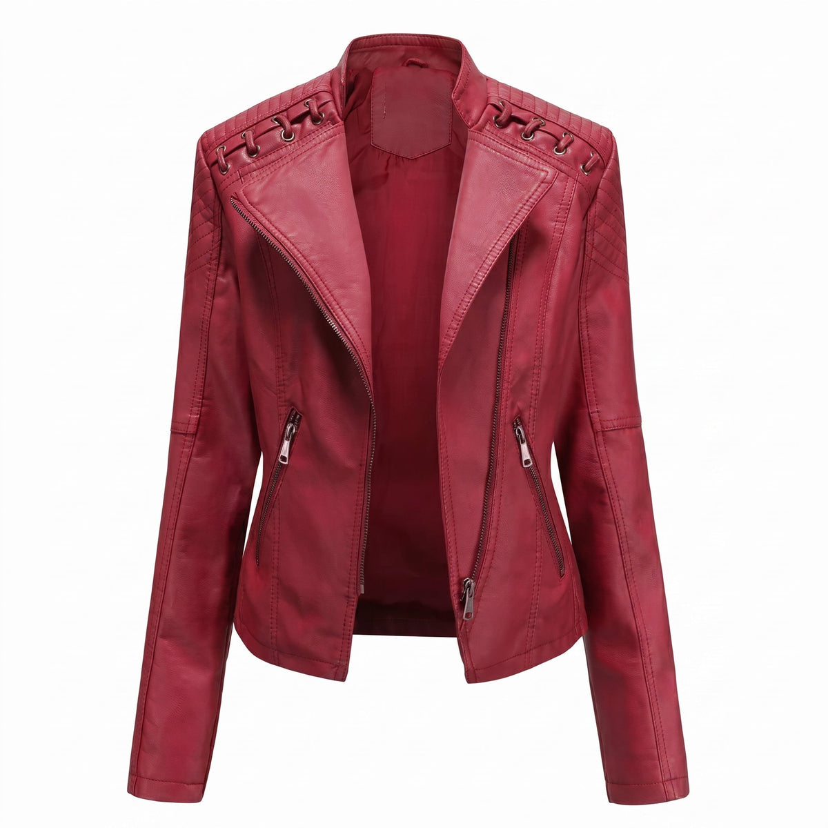 Debby - Women's Quilted Biker Jacket with Lace-Up Shoulders - Motorcycle Outerwear - Red - Davies & Cooper