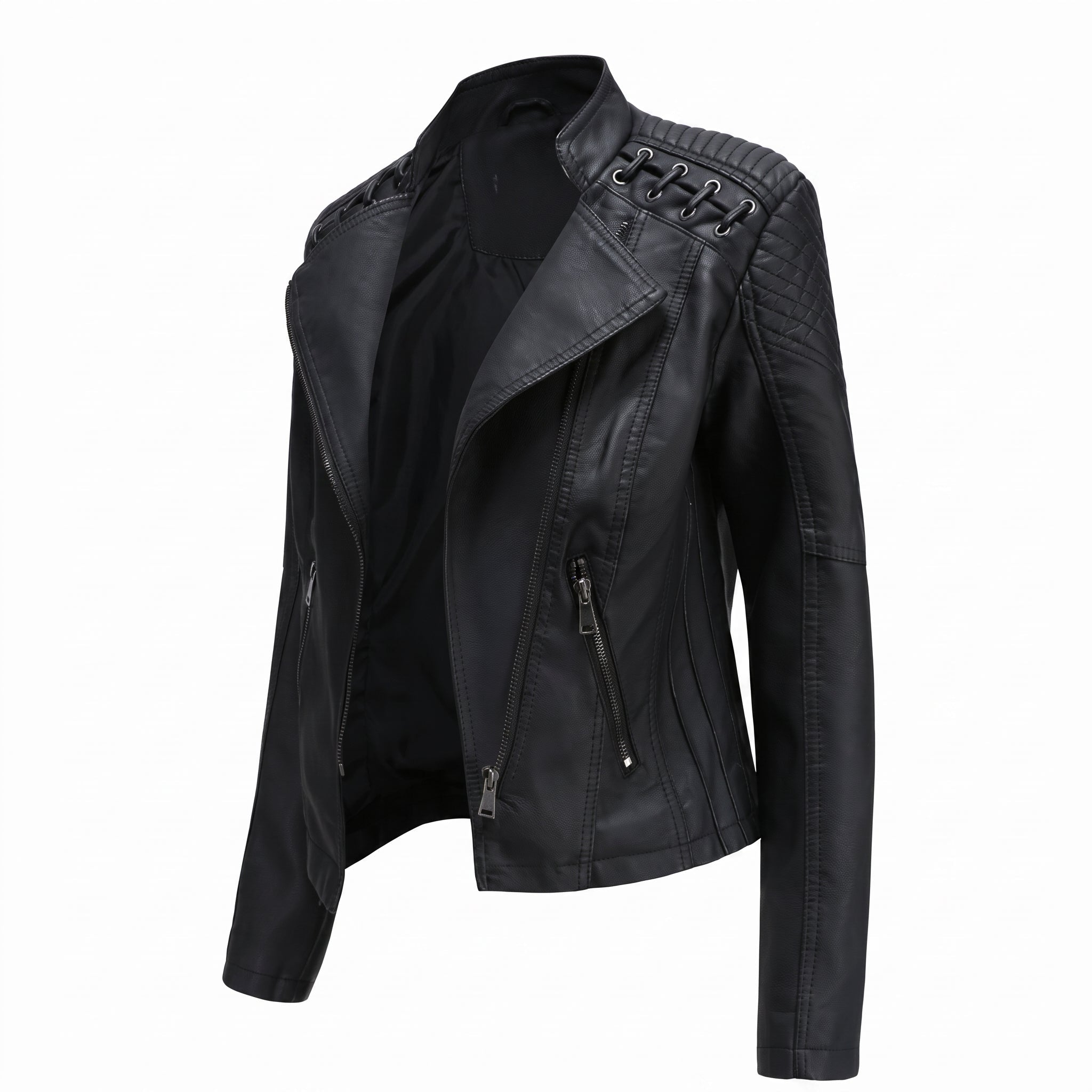 Debby - Women's Quilted Biker Jacket with Lace-Up Shoulders - Motorcycle Outerwear - Black - Davies & Cooper