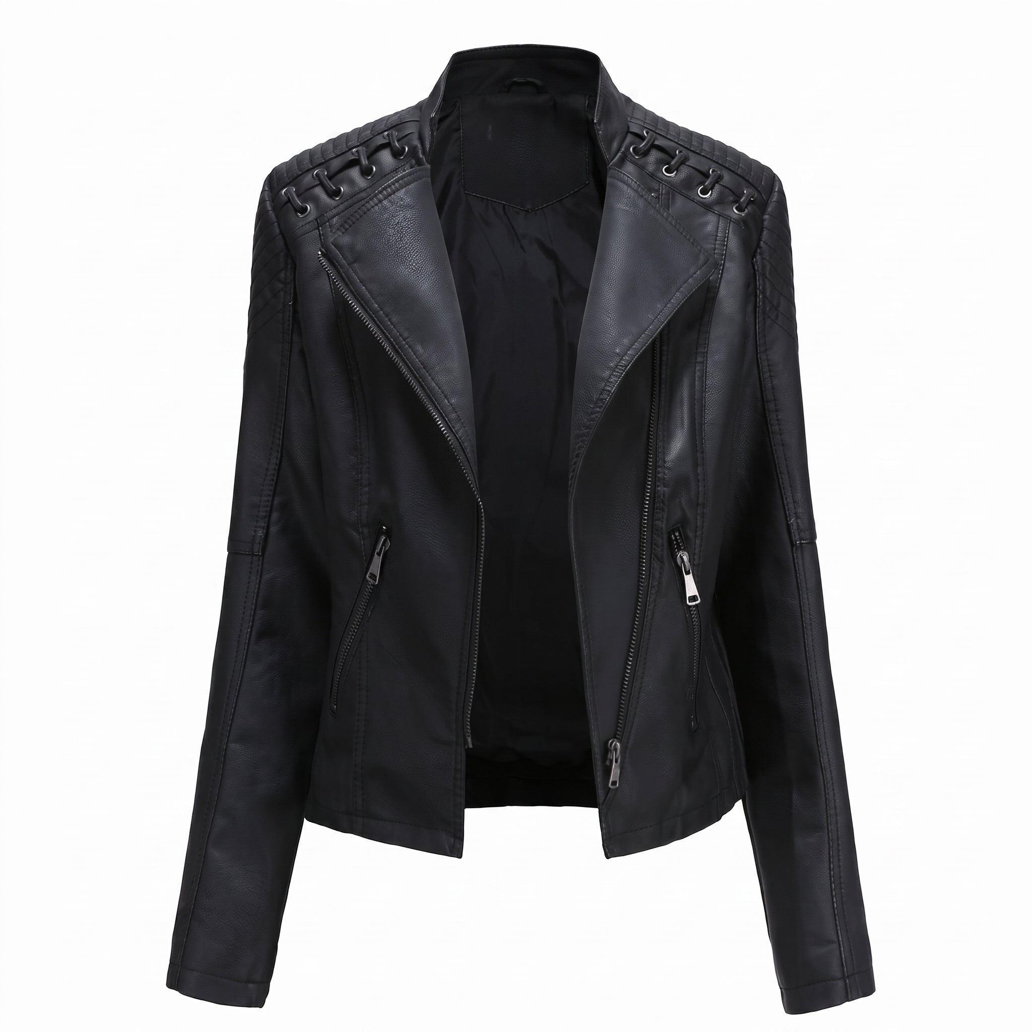 Debby - Women's Quilted Biker Jacket with Lace-Up Shoulders - Motorcycle Outerwear - Black - Davies & Cooper