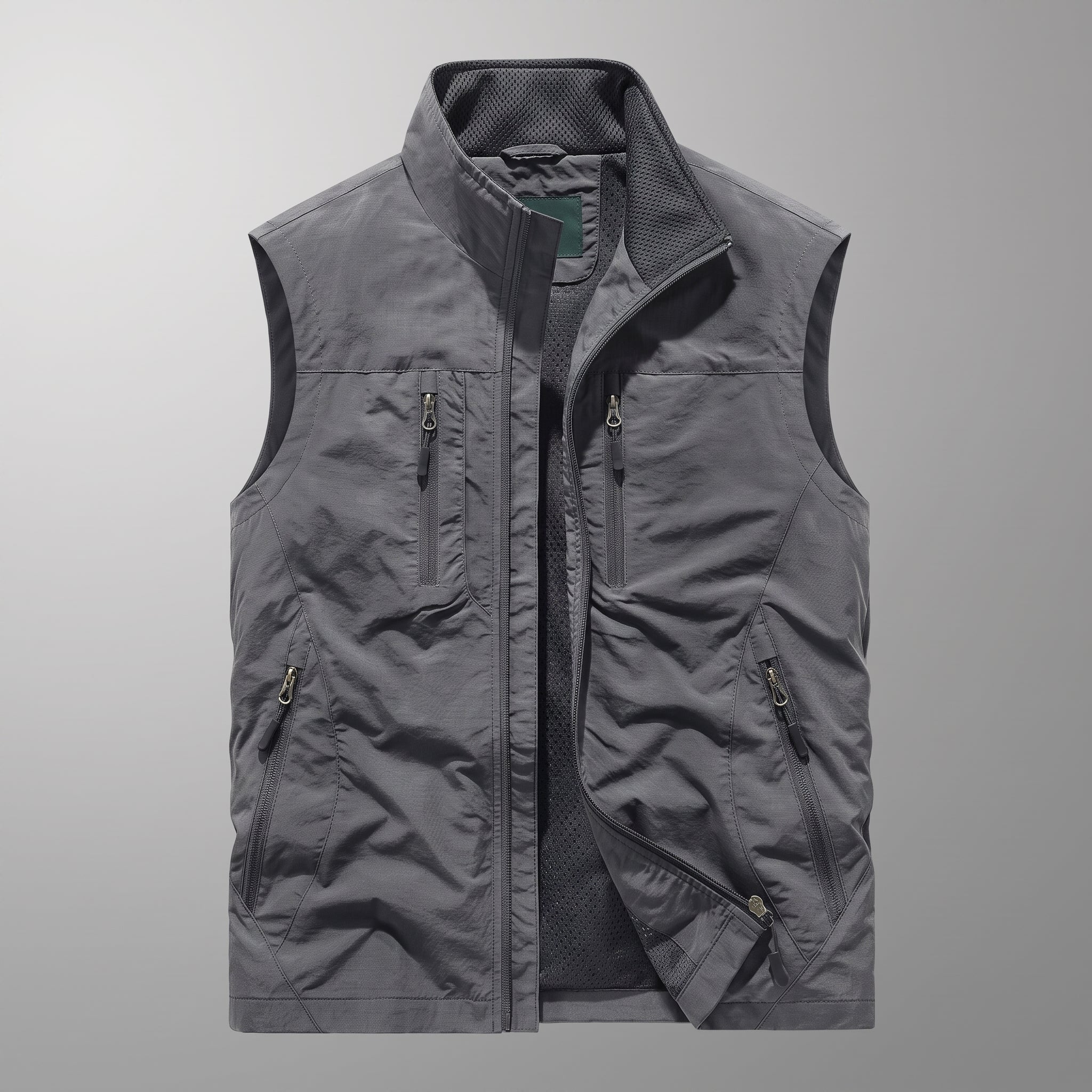 Dieter - Men's Multi-Zip Pockets Gilet with Stand Collar - Vests - Grey - Davies & Cooper
