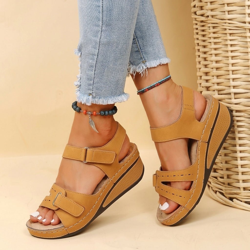 Donna - Women's Orthopaedic Platform Sandals with Double Velcro Strap - Sandals - Yellow - Davies & Cooper
