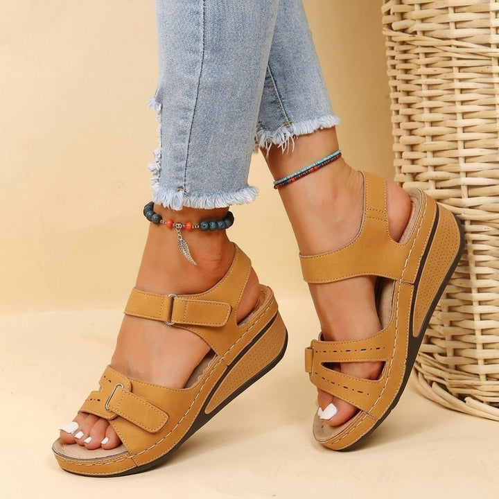Donna - Women's Orthopaedic Platform Sandals with Double Velcro Strap - Sandals - Yellow - Davies & Cooper