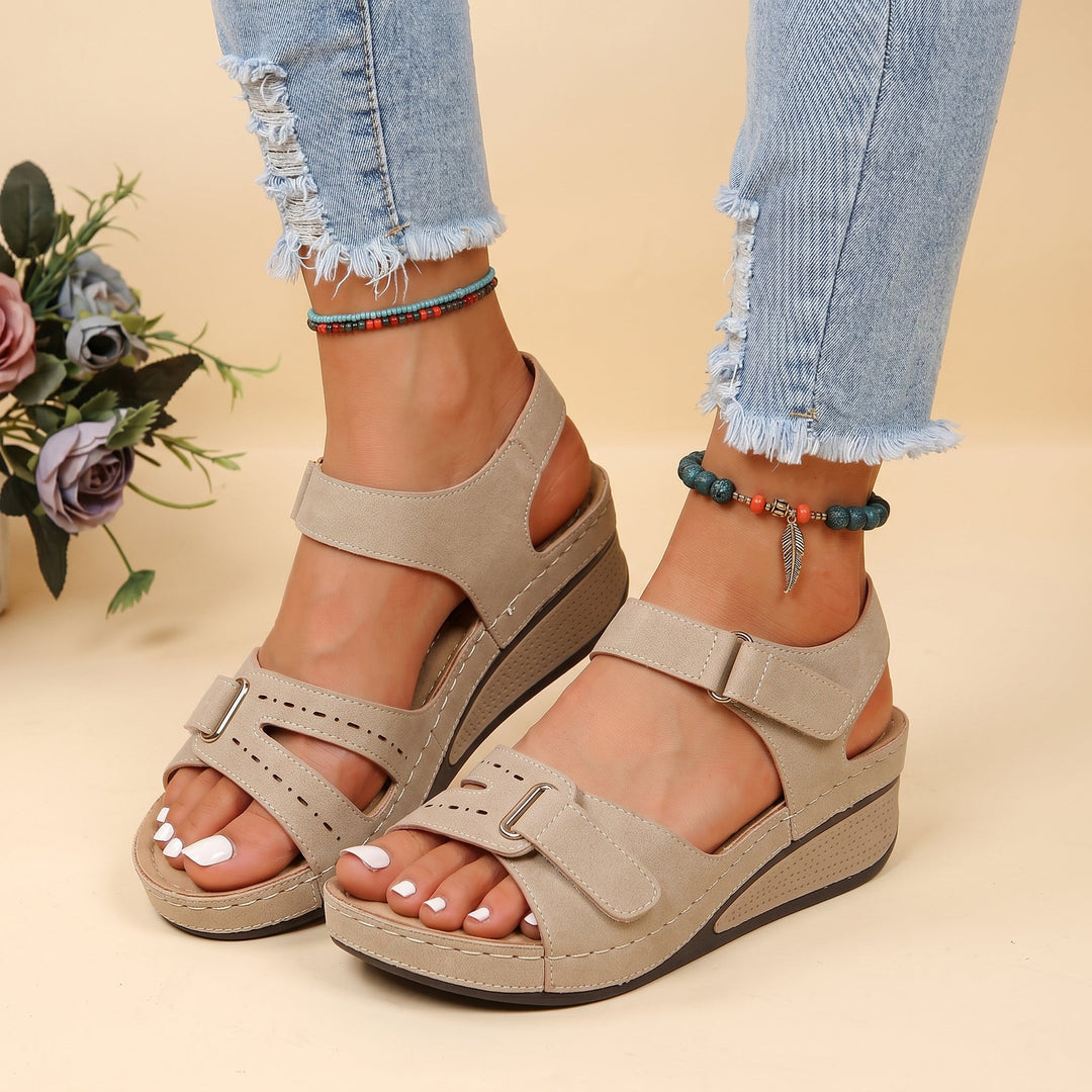 Donna - Women's Orthopaedic Platform Sandals with Double Velcro Strap - Sandals - Beige - Davies & Cooper