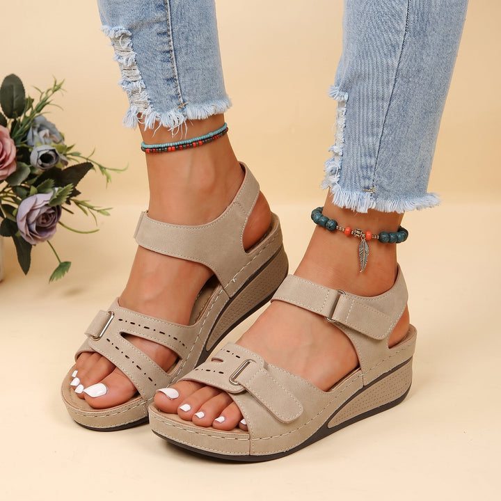 Donna - Women's Orthopaedic Platform Sandals with Double Velcro Strap - Sandals - Beige - Davies & Cooper