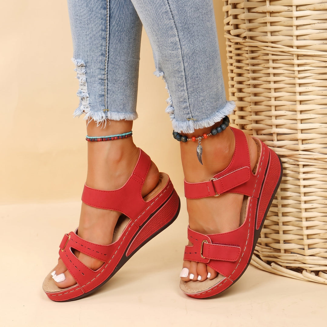 Donna - Women's Orthopaedic Platform Sandals with Double Velcro Strap - Sandals - Red - Davies & Cooper