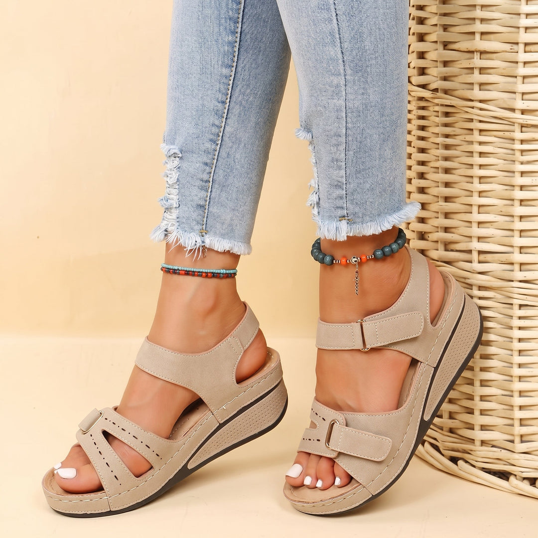 Donna - Women's Orthopaedic Platform Sandals with Double Velcro Strap - Sandals - Beige - Davies & Cooper