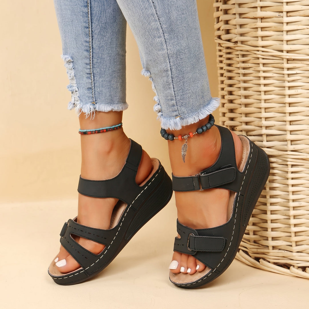 Donna - Women's Orthopaedic Platform Sandals with Double Velcro Strap - Sandals - Black - Davies & Cooper