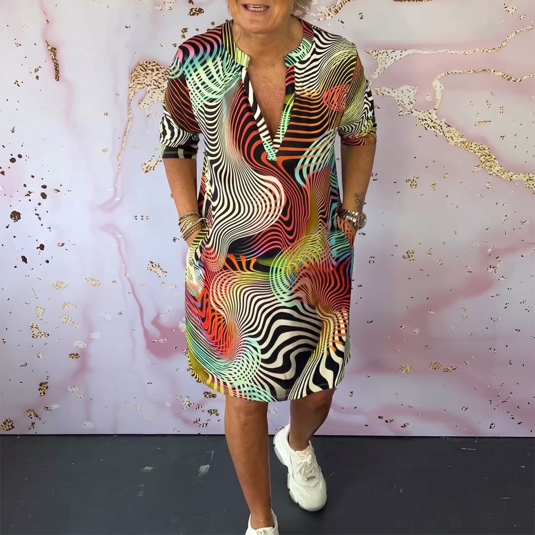 Donna - Women's Summer Abstract Print V - Neck Midi Dress - Midi Dress - Red - Davies & Cooper