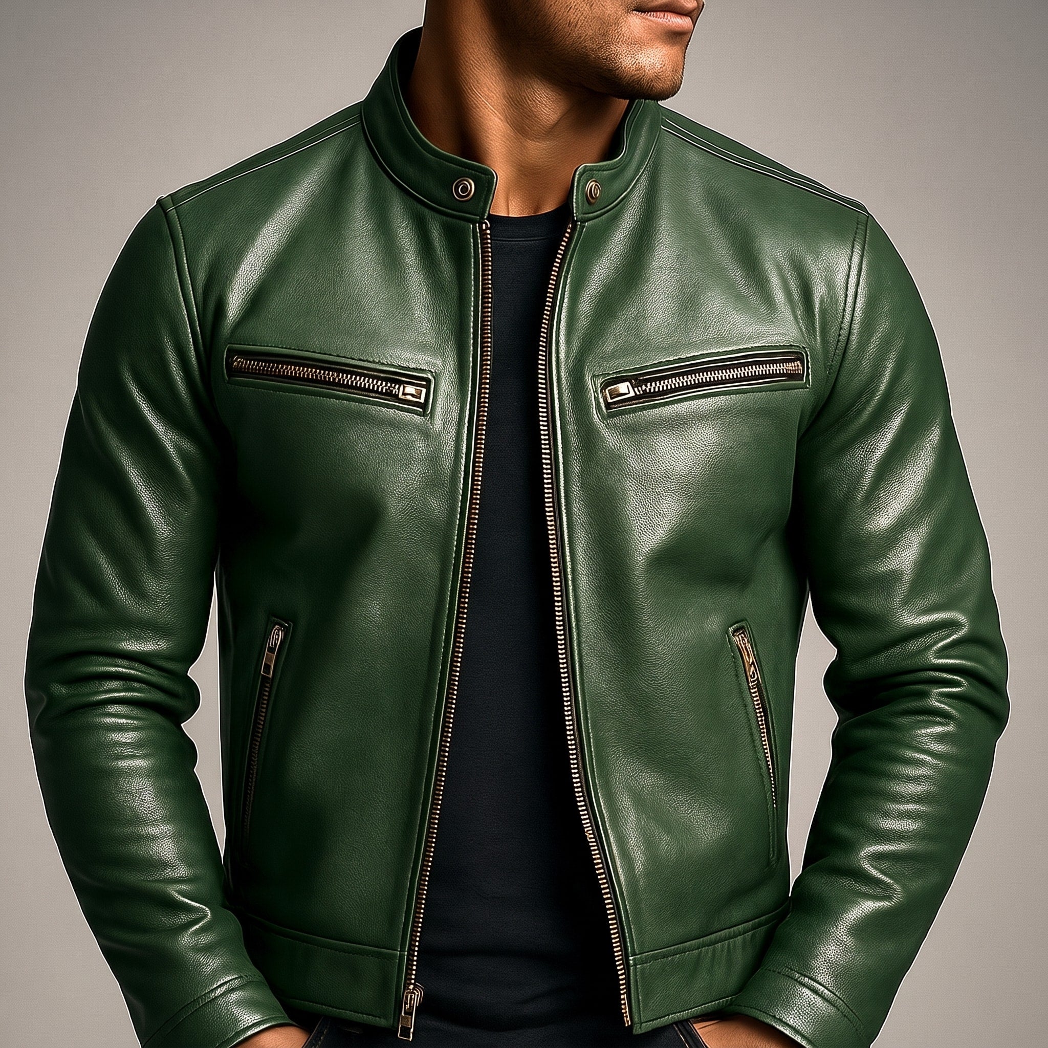 Jack - Men's Leather Biker Jacket with Zip Pockets and Snap Collar