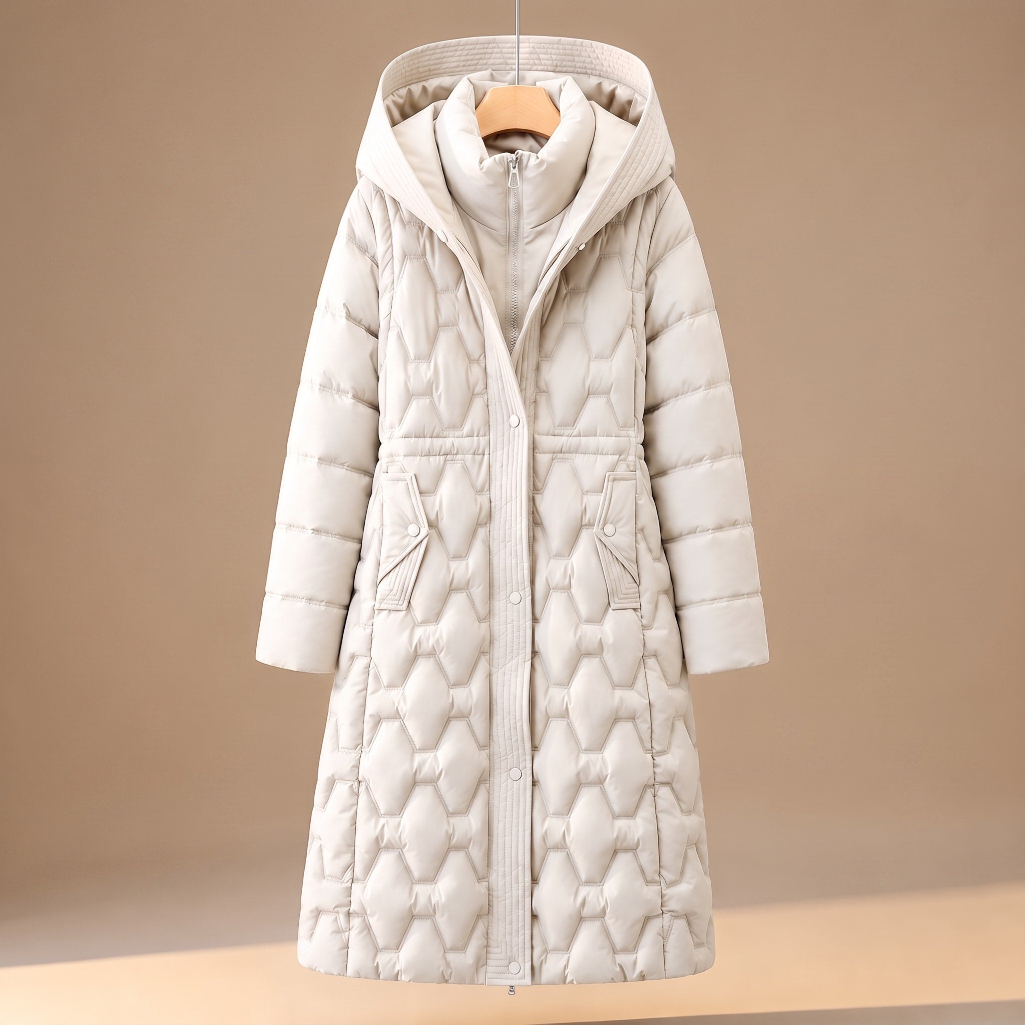 Charlotte - Women's Hooded Longline Puffer Coat with Quilted Panels