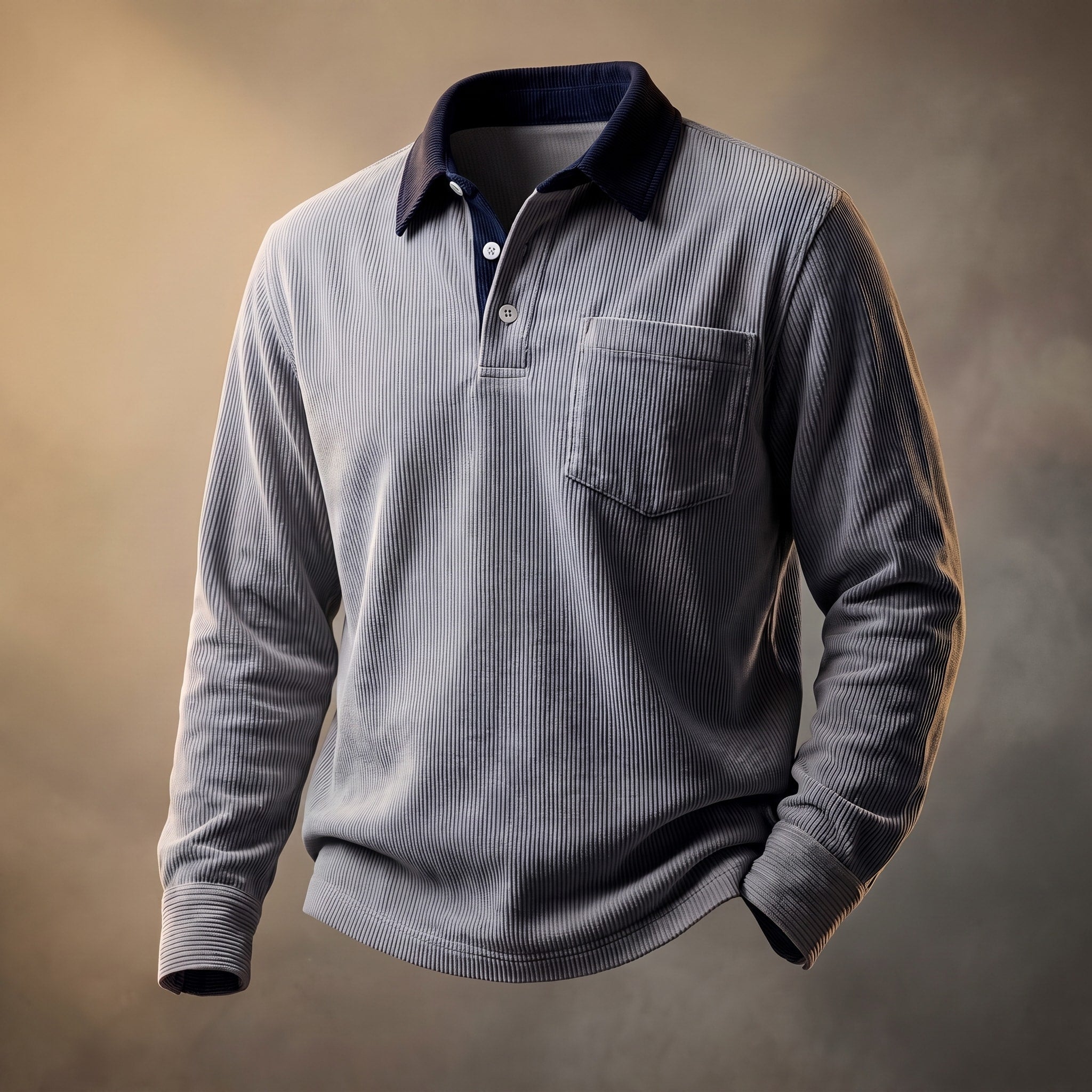 Oliver - Men's Long Sleeve Ribbed Polo Shirt with Chest Pocket and Contrast Collar