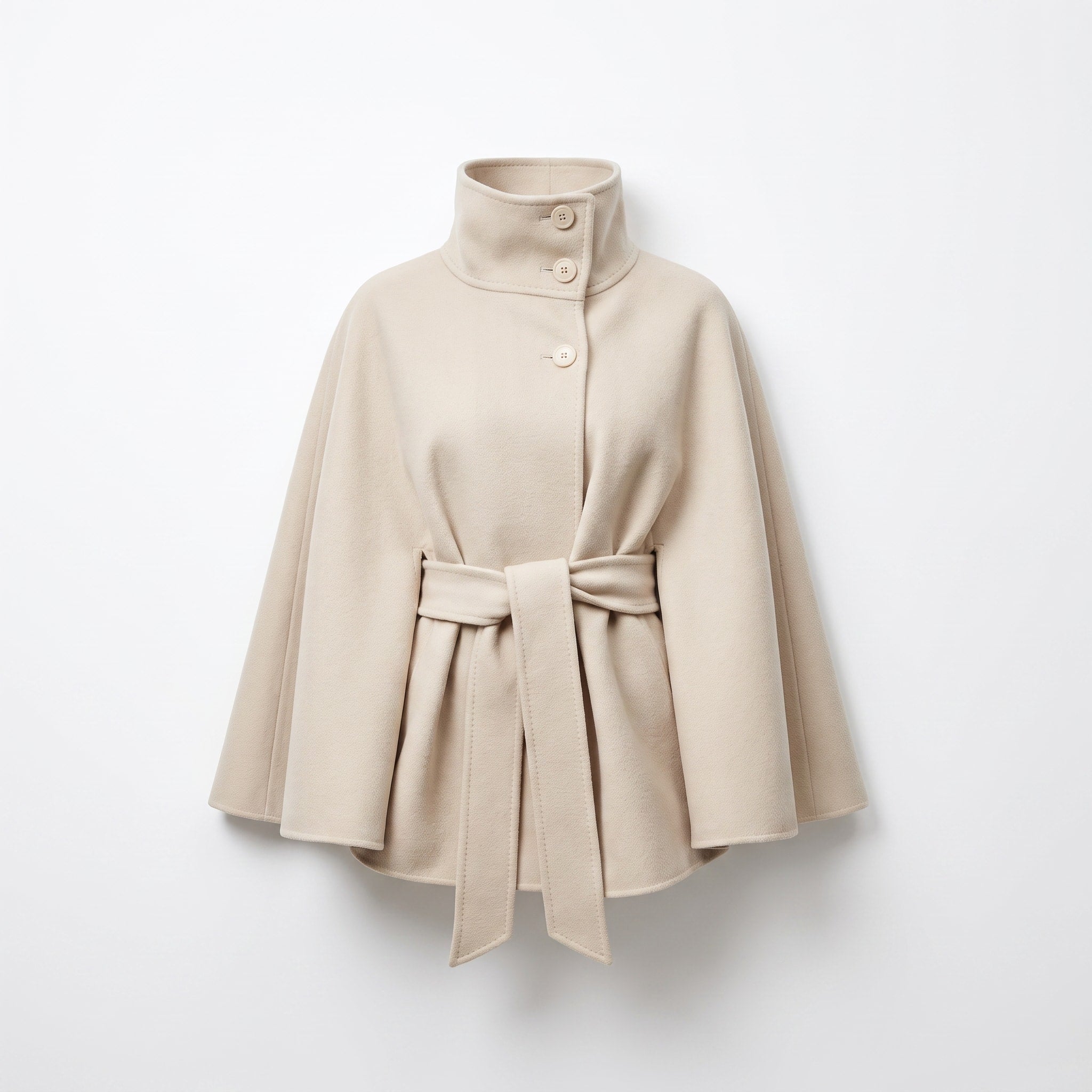 Olivia - Women's Belted Cape Coat with High-Neck Button Collar