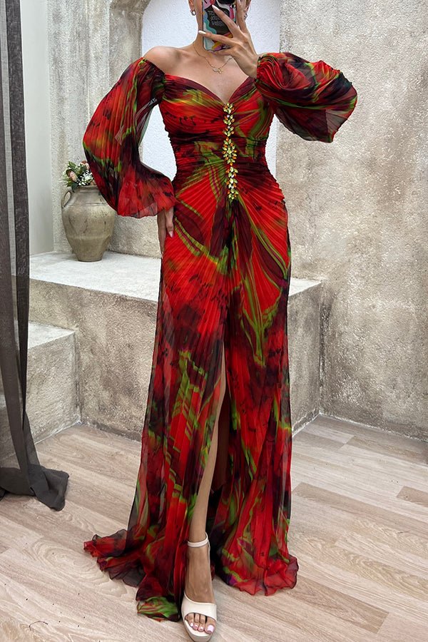 Sofia - Women's Evening Printed Corset Maxi Dress with Puff Sleeves