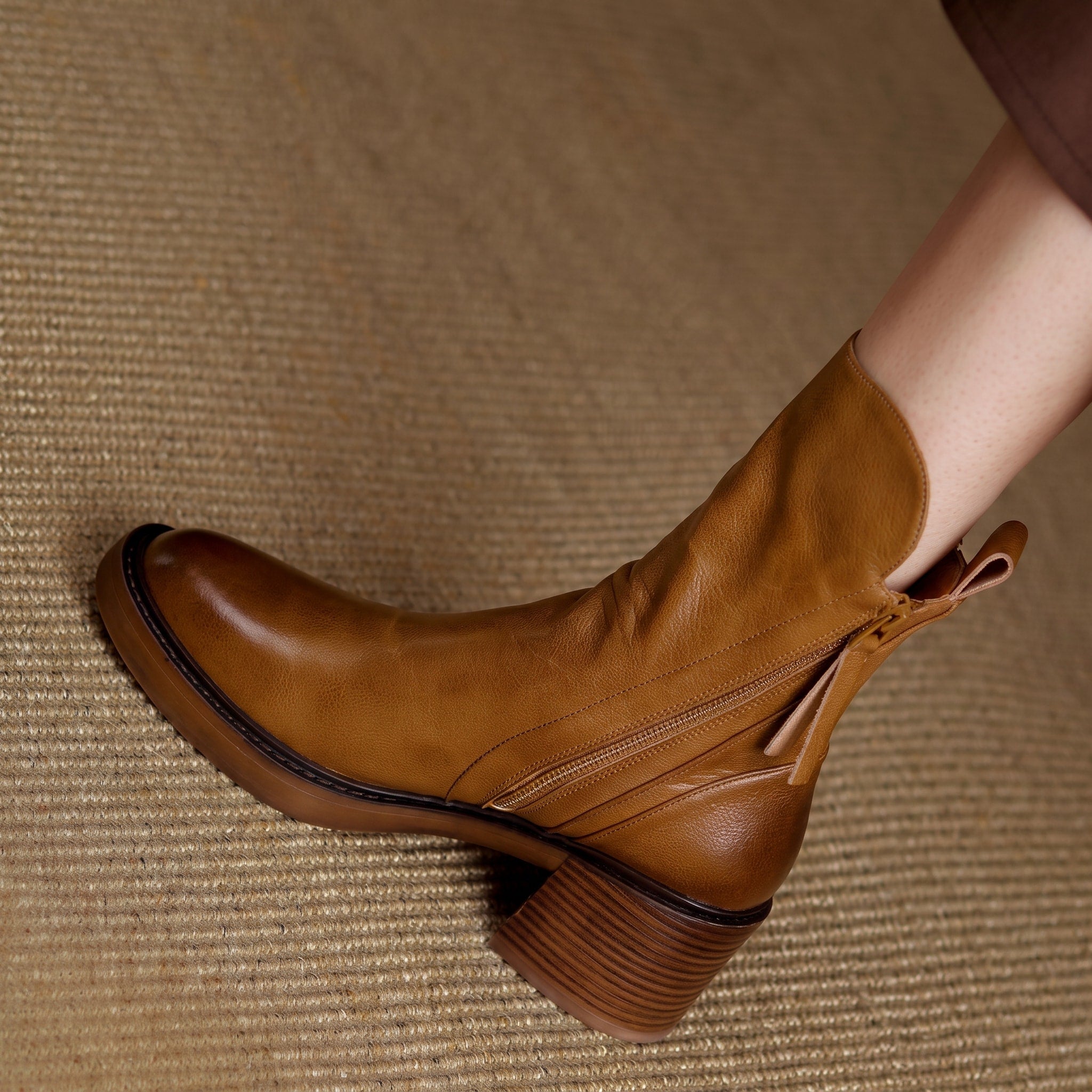 Emma - Women's Block Heel Ankle Boots with Double Zip