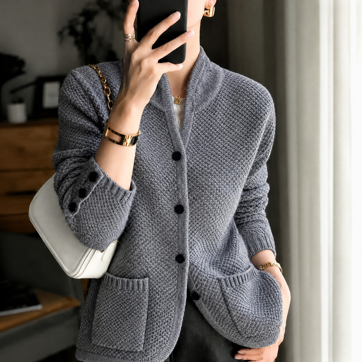 Edda - Women's Textured Knit Cardigan with Button Front - Cardigans - Grey - Davies & Cooper