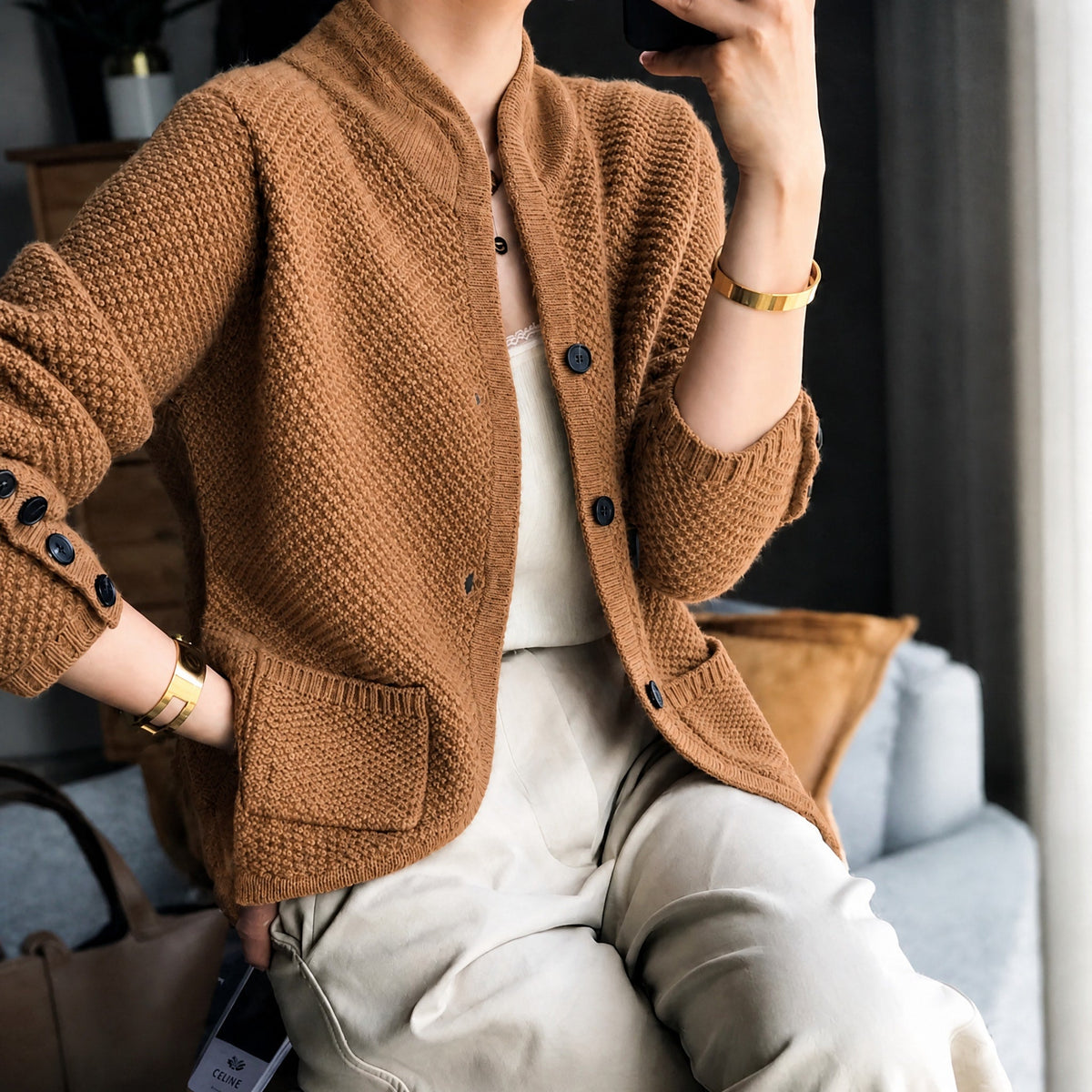 Edda - Women's Textured Knit Cardigan with Button Front - Cardigans - Brown - Davies & Cooper