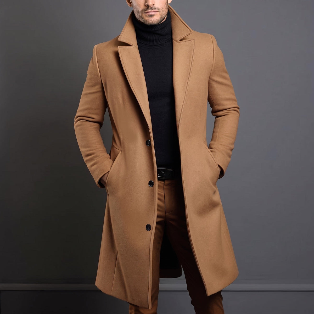 Edson - Men's Tailored Longline Wool-Look Overcoat with Notch Lapel - Overcoats - Khaki - Davies & Cooper
