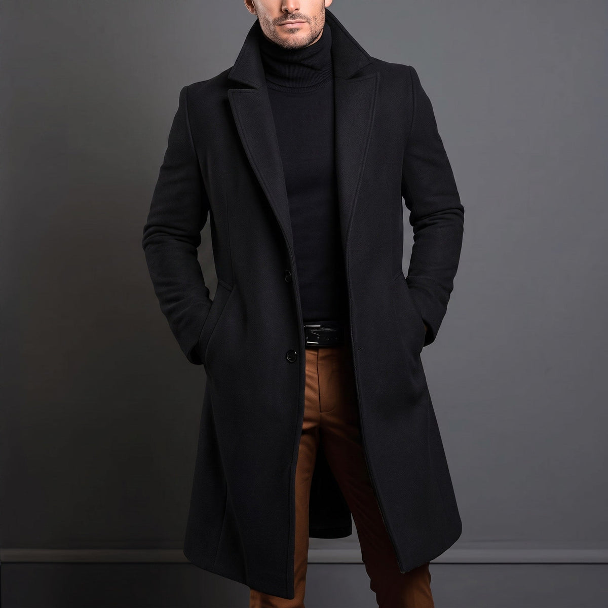 Edson - Men's Tailored Longline Wool-Look Overcoat with Notch Lapel - Overcoats - Black - Davies & Cooper