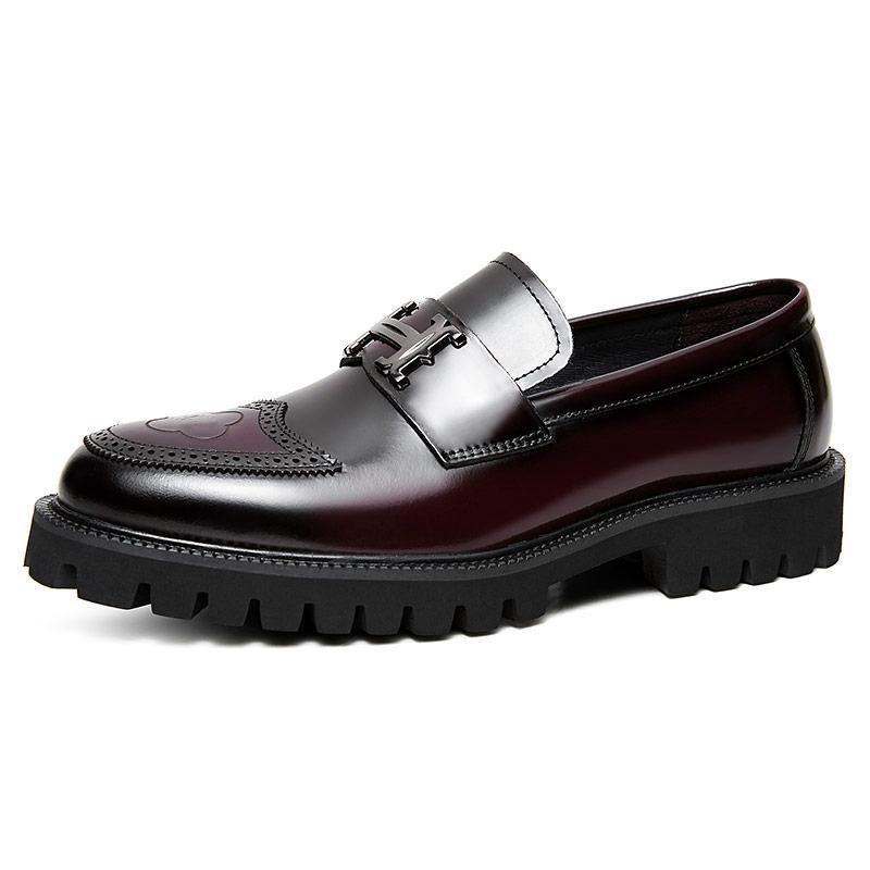 Edward - Men's Chunky Platform Brogue Loafers with Buckle Strap - Loafers - Wine Red - Davies & Cooper