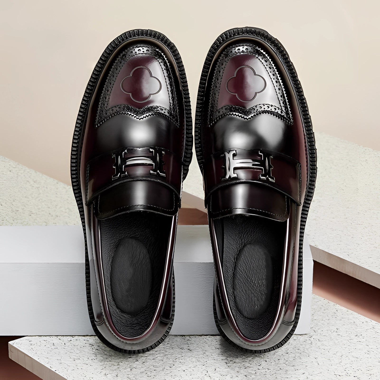 Edward - Men's Chunky Platform Brogue Loafers with Buckle Strap - Loafers - Wine Red - Davies & Cooper